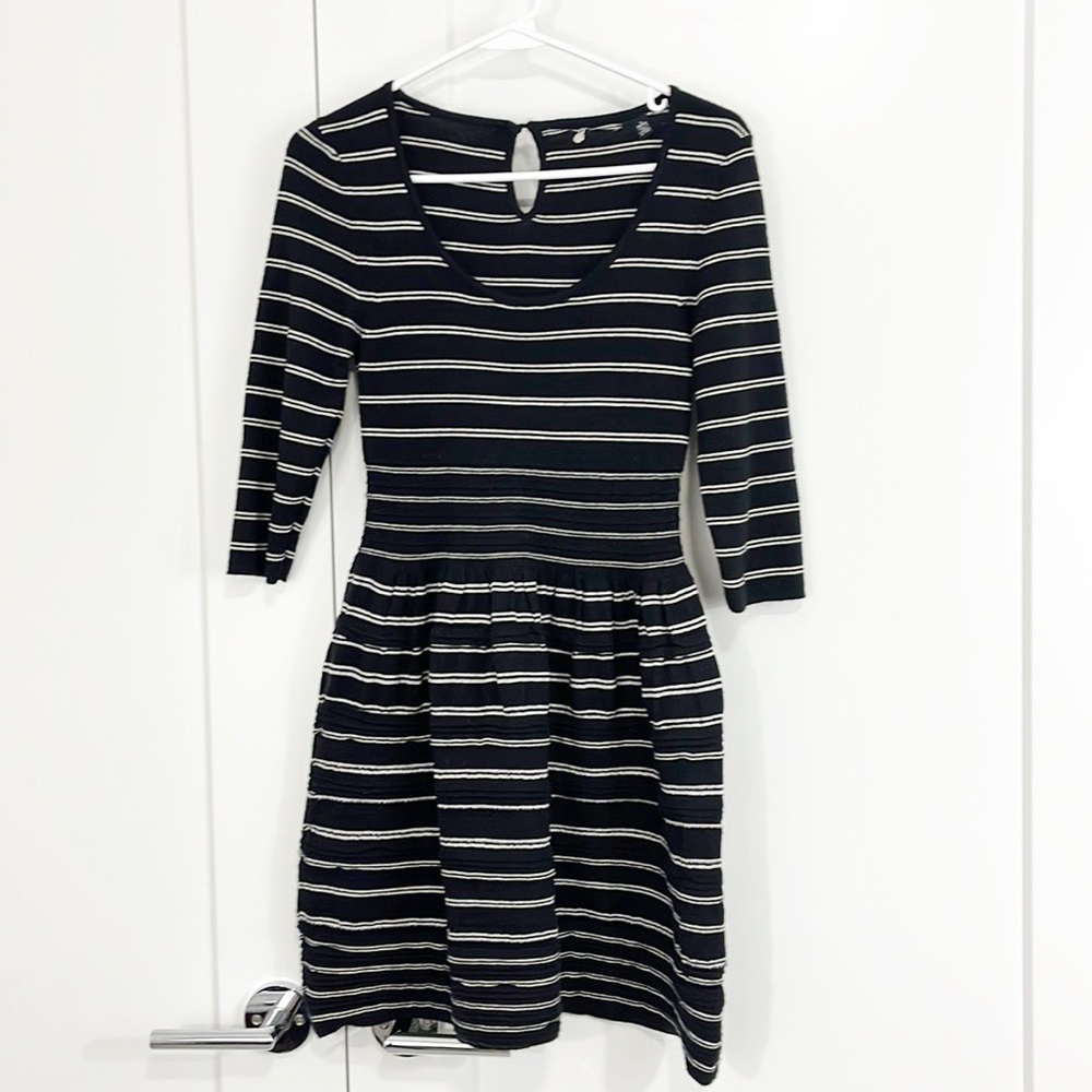 Anthropologie Knitted & Knotted Small Petite Black Stripe Long Sleeve Knit Dress